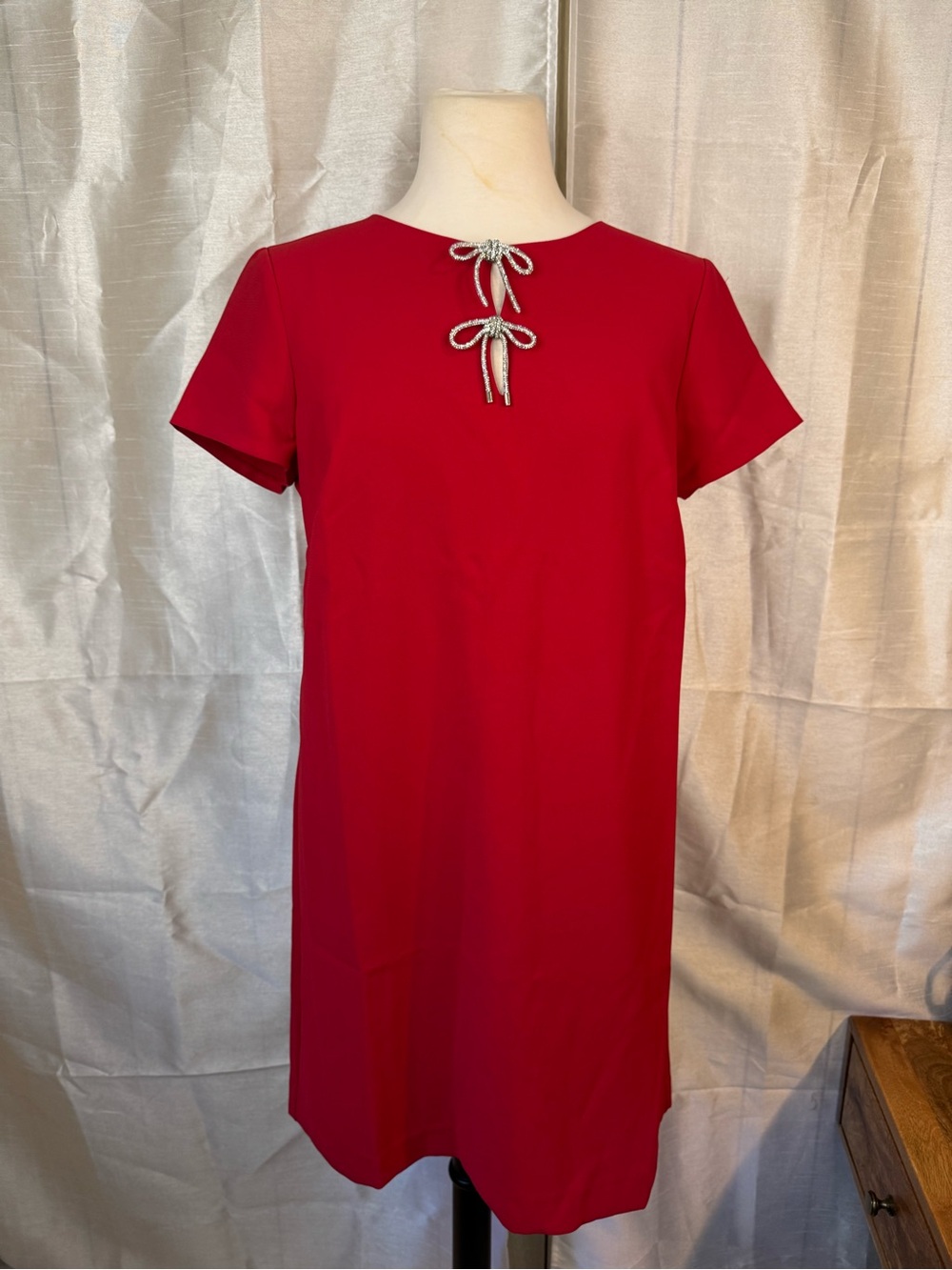 Talbots Red Short-Sleeve Shift Dress with Decorative Bows